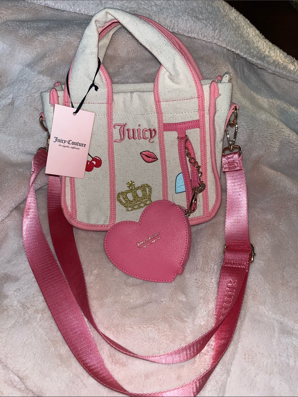 Juicy Couture Cream Canvas Mini Crossbody with Pink Trim & Heart Pouch